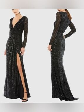 MacDuggal Sz 10 Black Sequined Long Sleeve Gown